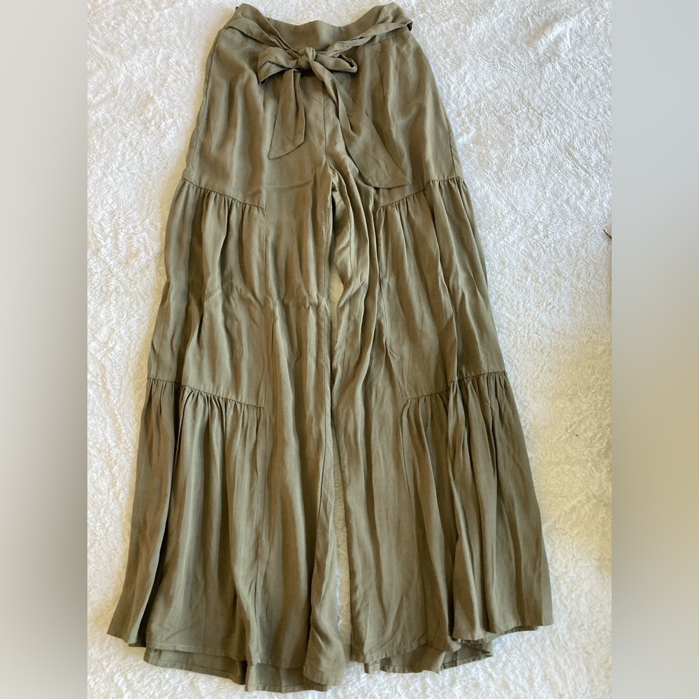 Boutique Wide Leg Tiered Olive Pants